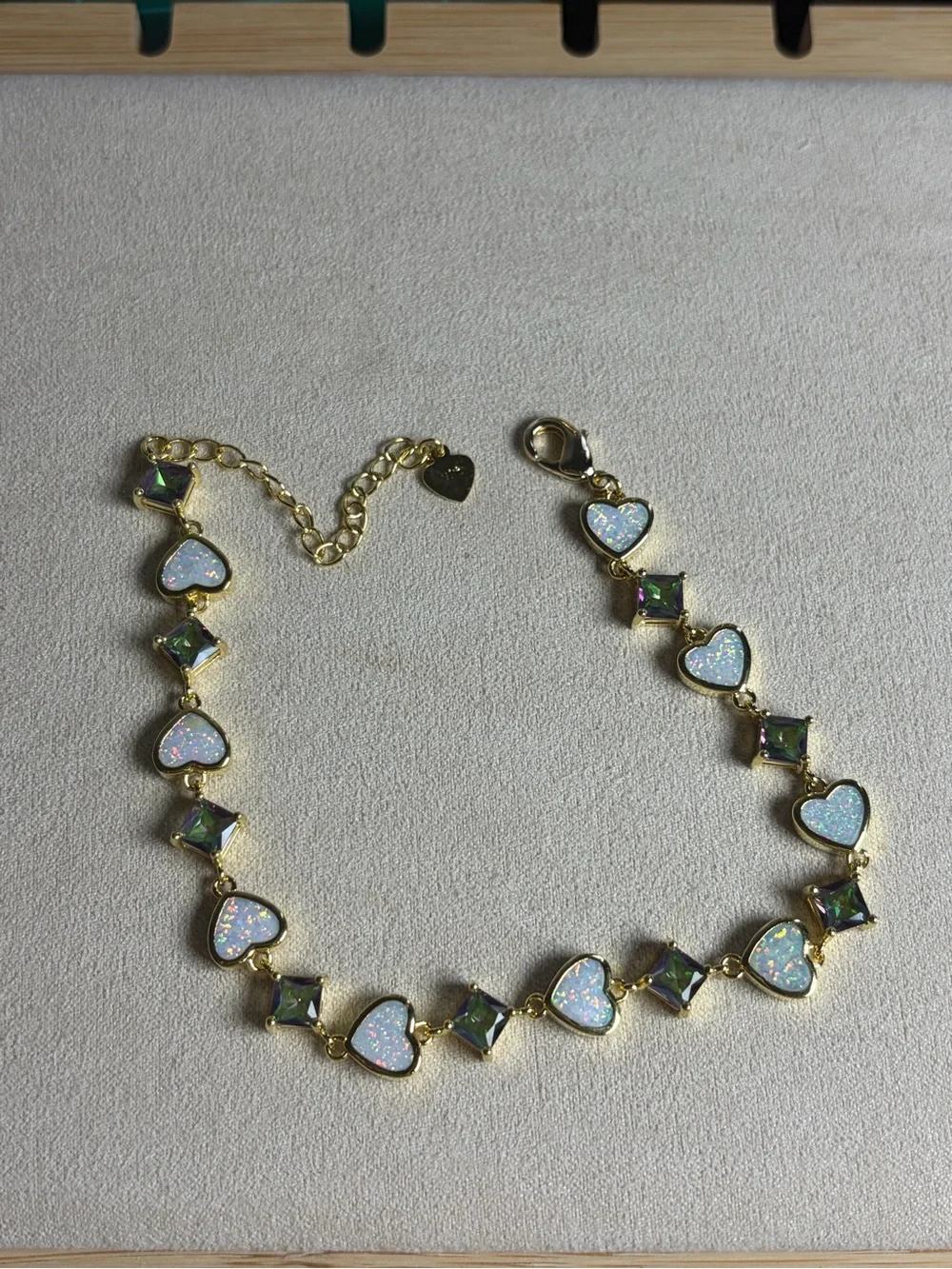 Gold-Tone Heart & Square Opal Bracelet in White Iridescent and Green